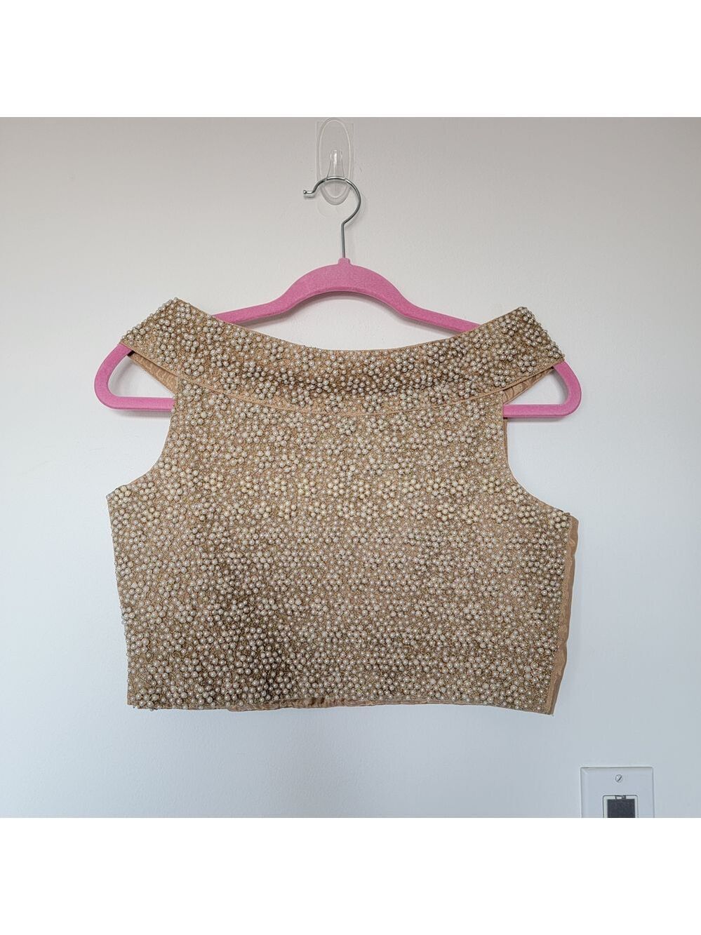 Festival Season Pearls Beaded Tan Women's Crop Top - Picture 6 of 8